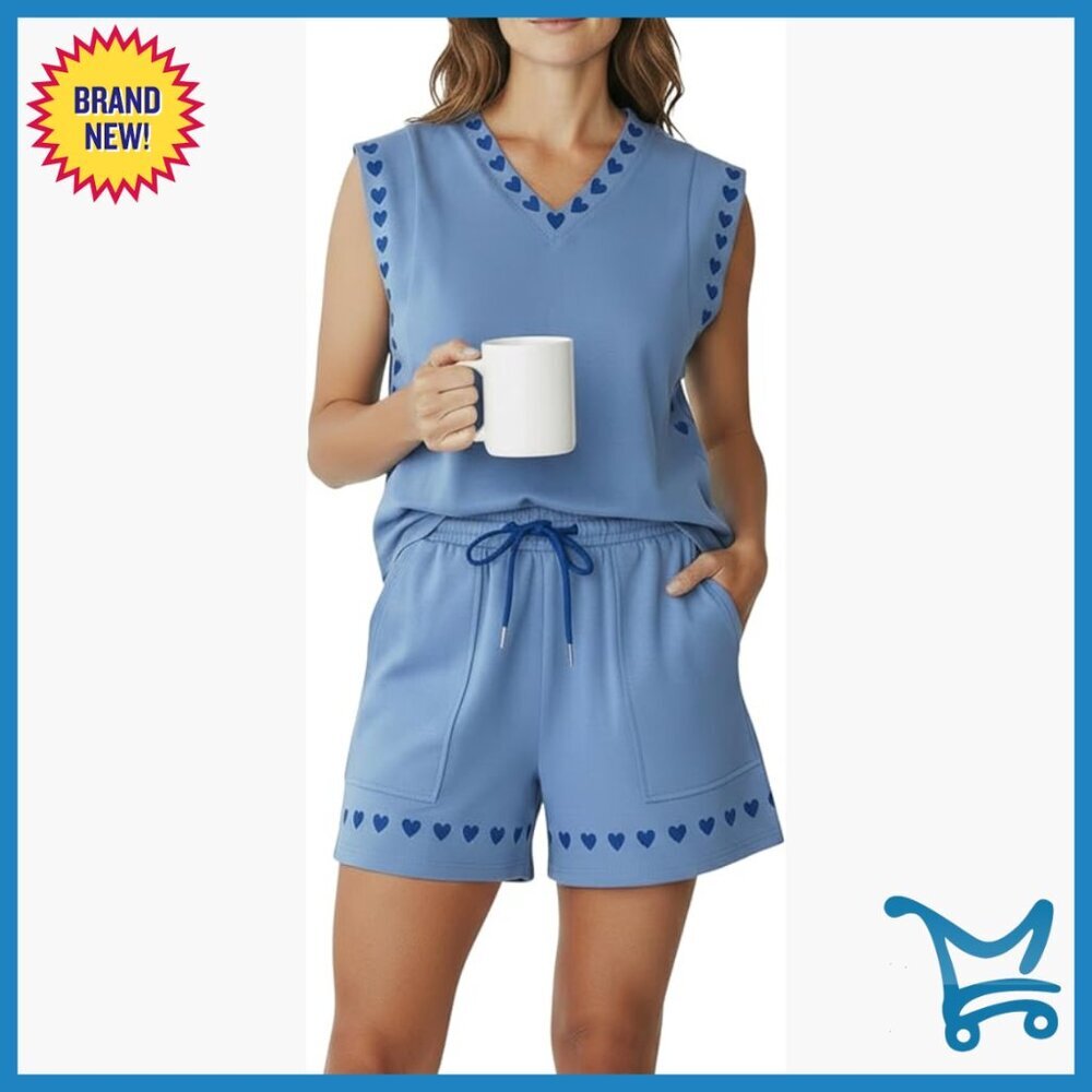 Cotton Blend Lounge Set, Sleeveless Top & Drawstring Shorts, Size Medium